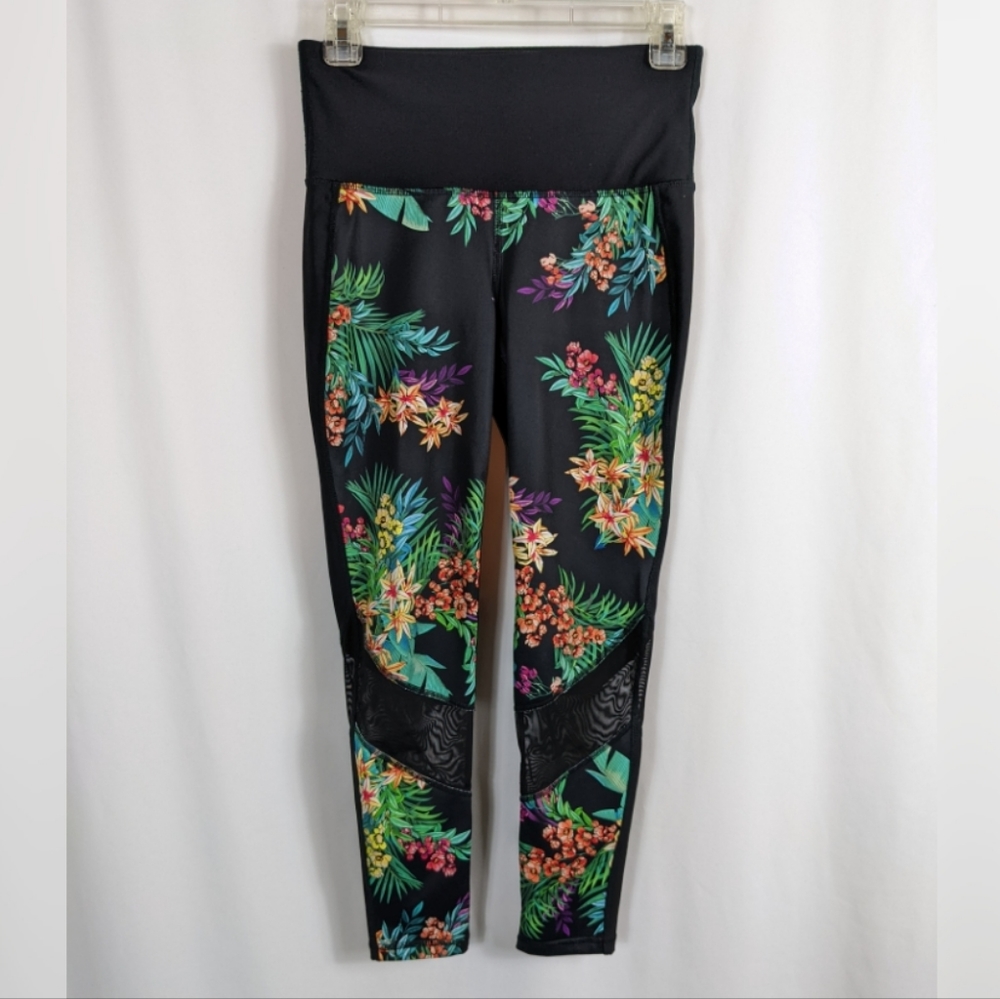 Xersion Black Floral Tropical Leggings Mesh Panel Workout Gym Athleisure Sz S